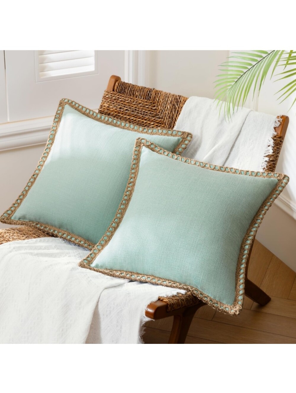 NWT 2-Piece Set 18" Linen Blend Woven Pillow Covers Jute Trim In Aqua Light Turq